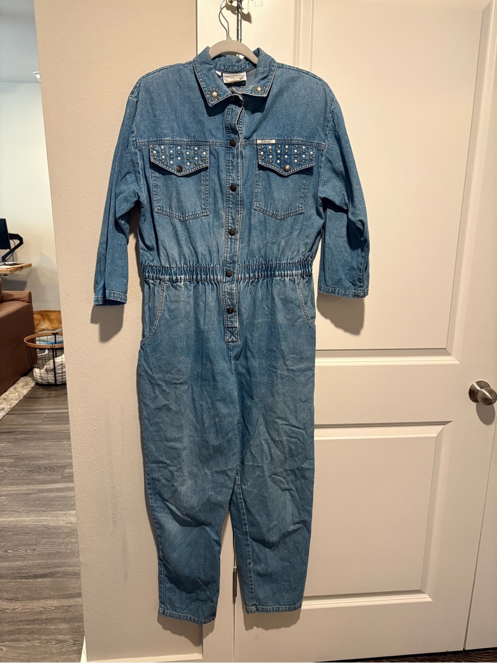 Vintage Ideas Denim Jumpsuit Women’s XL Blue Studded Button Front
